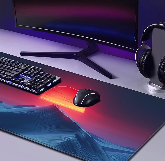 Mountain Peak Beautiful Scenery Game XXL Mouse Pad, Sunset Hill Extended Computer Decorative Table Pad with Stitched Edge Anti Slip Base Mouse Pad 35.4 x 15.7 x 0.12 Inches