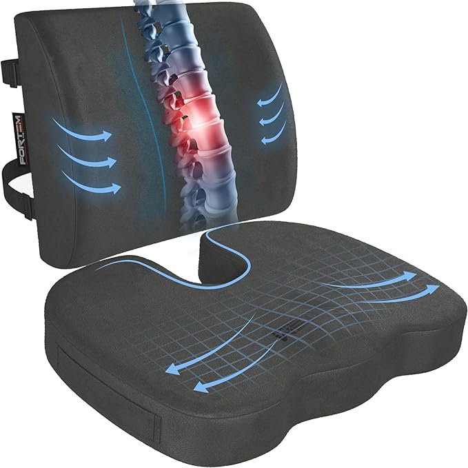 FORTEM Seat Cushion, Office Chair Cushion, Lumbar Support Pillow for Office Chair, Memory Foam Sciatica Coccyx Tailbone Pressure Pain Relief, Car Sitting Pad, Washable Non Slip