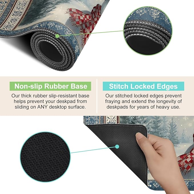 Desk Mat, XXL Extended Gaming Pad for Desktop, 31x12 Inches Winter Snowman in Snowy Forest, Large Non-Slip Vegan Leather Surface with Stitched Edges, Keyboard Mouse Mat for Home Office