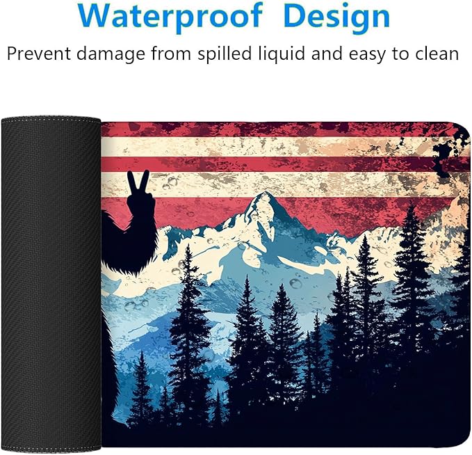 American Flag Bigfoot Desk Mat Gaming Mouse Pad Forest Mountain Extended Gaming Mouse Pad Mat with Stitched Edge Non-Slip Base Big Mouse Pad Office Computer Keyboard Laptop Home 31.5"x11.8"