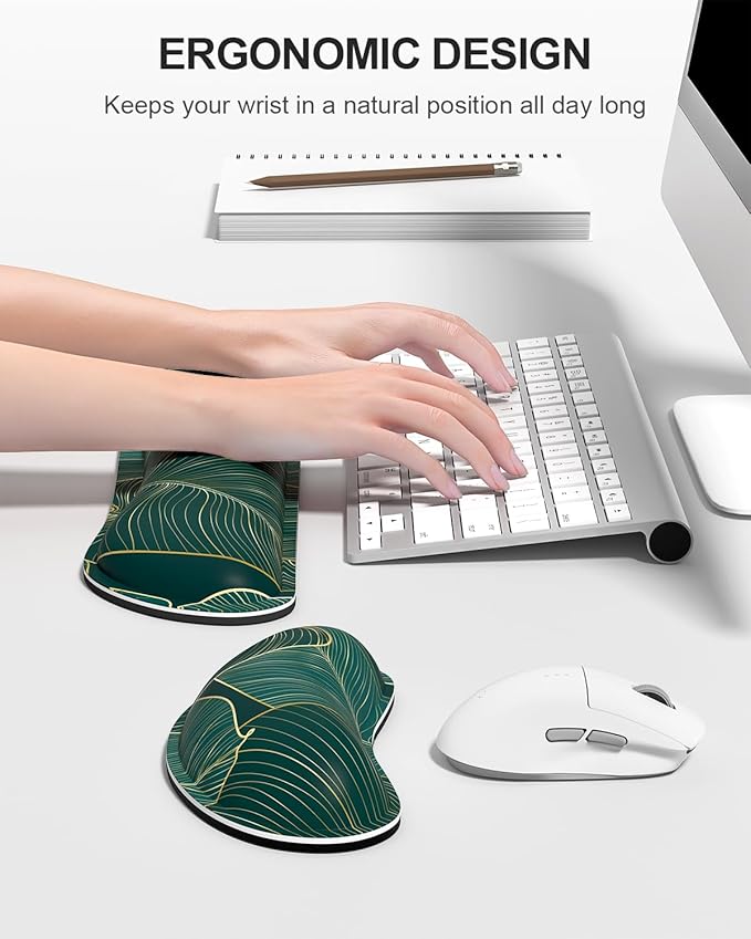 Auhoahsil Large Mouse Pad with Wrist Rests for Keyboard & Mouse, Thick Soft Ergonomic Memory Foam Wrist Supports, Big & Long Desk Mat 35.5 x 15.7 in, for Office Gaming Computer, Tropical Leaf