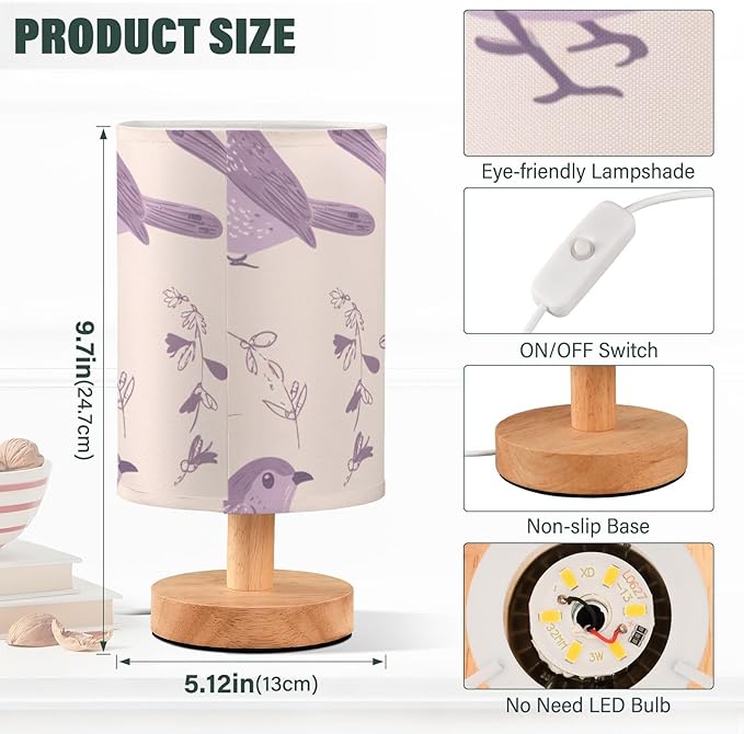 Pastel Bird LED Table Lamp, Bedside Lamp with Linen Lampshade, Flicker-Free Eye Care USB Plug in Nightstand Lamp, for Bedroom and Office