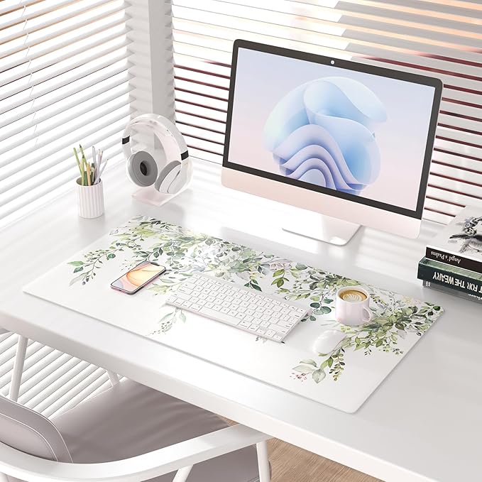 Colorful Star Large Mouse Pad, Green Leaves Waterproof Office Desk Mat, Non-Slip Gaming Mouse Pad, XXL PC Laptop Protector Pads, PU Leather Desk Writing Pads for Office Home, 31.5" x 15.7"