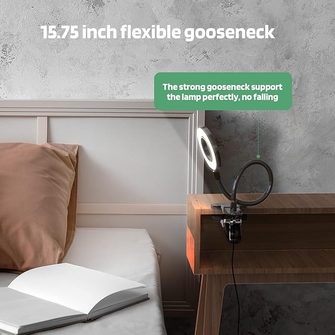 GLORIOUS-LITE LED Clip on Light, 36 LED Eye-Caring Reading Lamp for Dorm Room, 360° Flexible Gooseneck with 4 Color Modes, Dimmable Book Light for Bed, Desk, Headboard, Computer (Black)