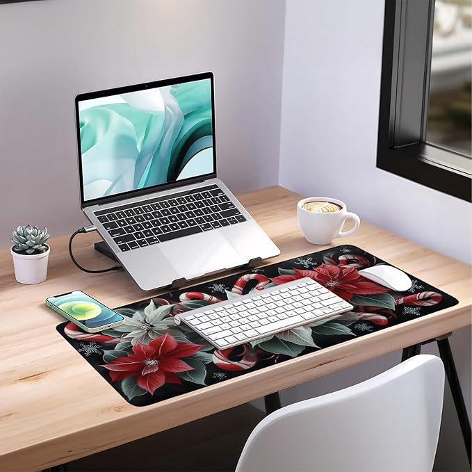 Christmas Flowers Extended Gaming Mouse Pad 35.4x15.7Inch Large Desk Mat Anti-Slip Rubber Base & Durable Stitched Edges for Gamers Smooth Mouse Writing Surface for Desk Office/Home