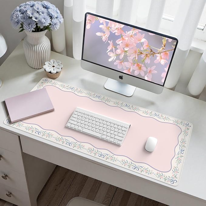 HAOCOO Cute Floral Desk Matt for Desktop, Pink Bow Computer Desk Mat, Non-Slip Waterproof XXL Mouse Pad for Desk, Gaming & Office, Desk Pad Mat for Women Office Aesthetics