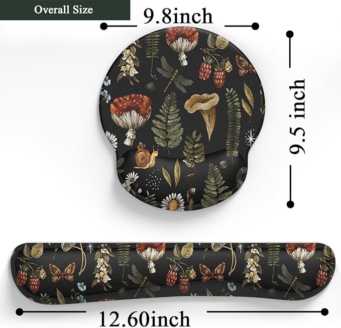 Plant Mushroom Mouse Pad Black Aesthetic Ergonomic Desk Pad Wrist Support Keyboard Wrist Rest Set, Mouse Pad with Non-Slip Pu for Office Comfortable Mouse Wrist Rest for Easy Typing.