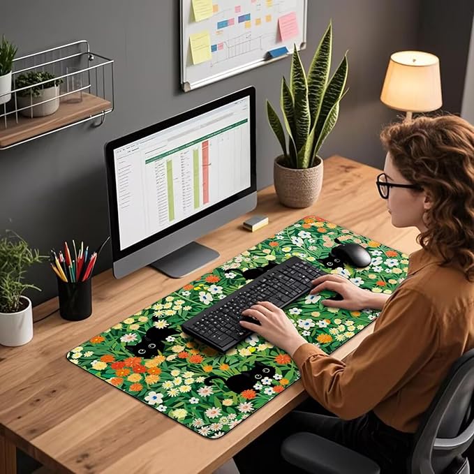 Cute Flower Cat Large Gaming Mouse Pad 31.5"x15.7", Flower XXL Desk Mat, Non-Slip Rubber Base & Stitched Edges Extended Mousepad for PC/Laptop/Office/Home Decor