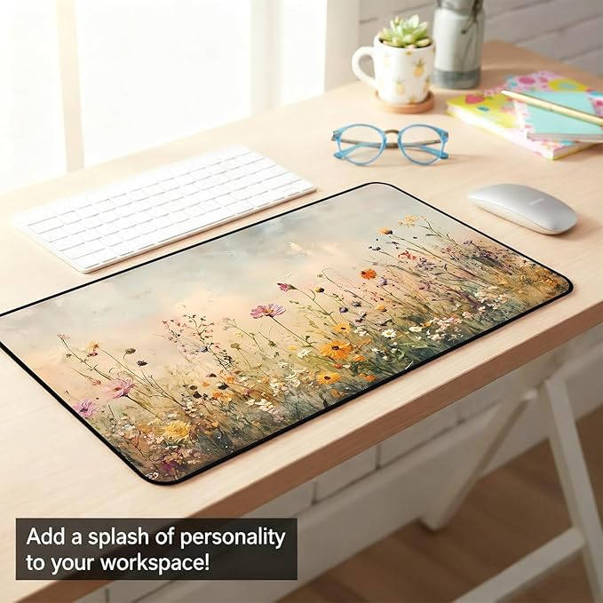 Beige Watercolor Flower Desk Mat, Oil Painting Style Desk Matt, Plant Flower Mouse Mat, Game Desktop Cover Mat, Women's Laptop Keyboard and Mouse Pad, Bohemian Office Desk Decor 31.5"X15.7"