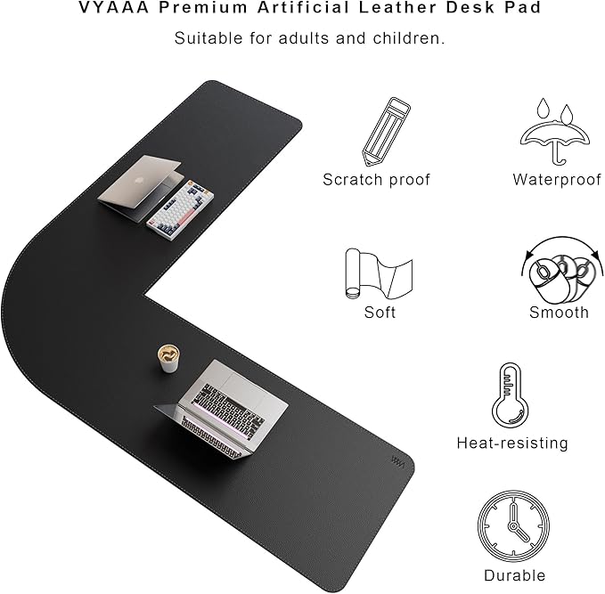 Vyaaa (62"+62") x 20" L Shaped Leather Desk Pad (Black), Dual-Sided Reversible PU Leather Desk Mat, Extra Large Mouse Pad, Compatible with L Shape Computer Desk for Home or Office