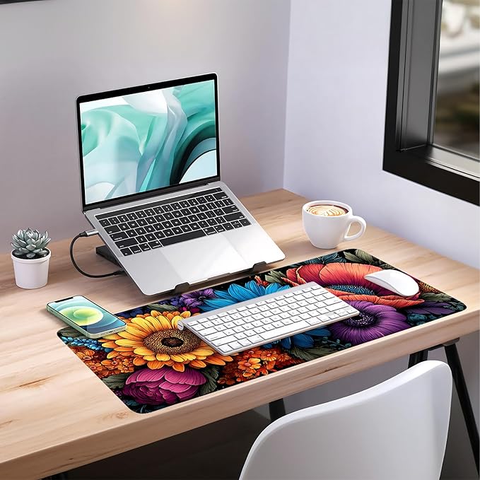 Spring Flowers Extended Gaming Mouse Pad 35.4x15.7Inch Large Desk Mat Anti-Slip Rubber Base & Durable Stitched Edges for Gamers Smooth Mouse Writing Surface for Desk Office/Home