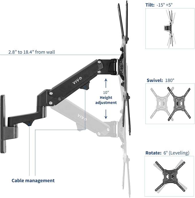 VIVO Premium Aluminum Single TV Wall Mount for 23 to 55 inch Screens, Adjustable Arm, Fits up to VESA 400x400, Black, MOUNT-G400B