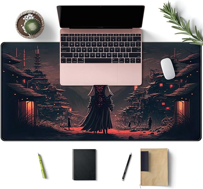 Japanese Landscape Desk Mat Post Moonlight Samurai Mouse Pad Large Dark Aesthetic Desk Pad Gaming Mousepad Extended XXL 31.5 x 15.7 in Laptop Computer Mouse Keyboard Mat