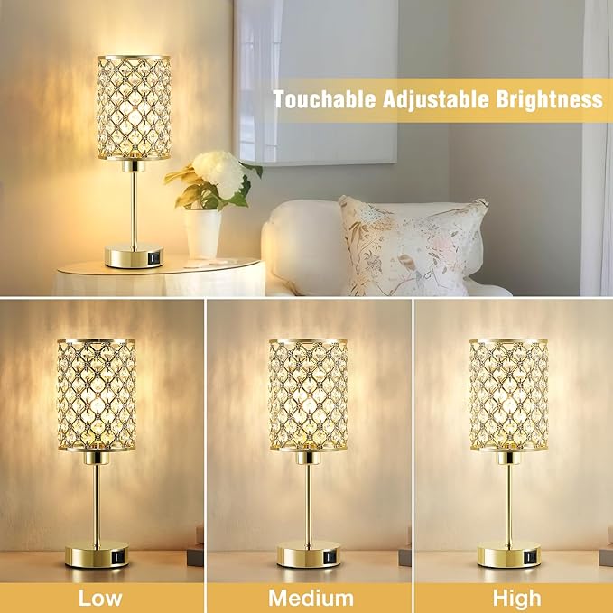 GyroVu Crystal Table Lamp, Gold Touch Lamp for Nightstand with USB C+A Ports, Dimmable Lamp with Crystal Shade, Bedside Lamp Small Lamp for Bedroom, Living Room(Buld Included)