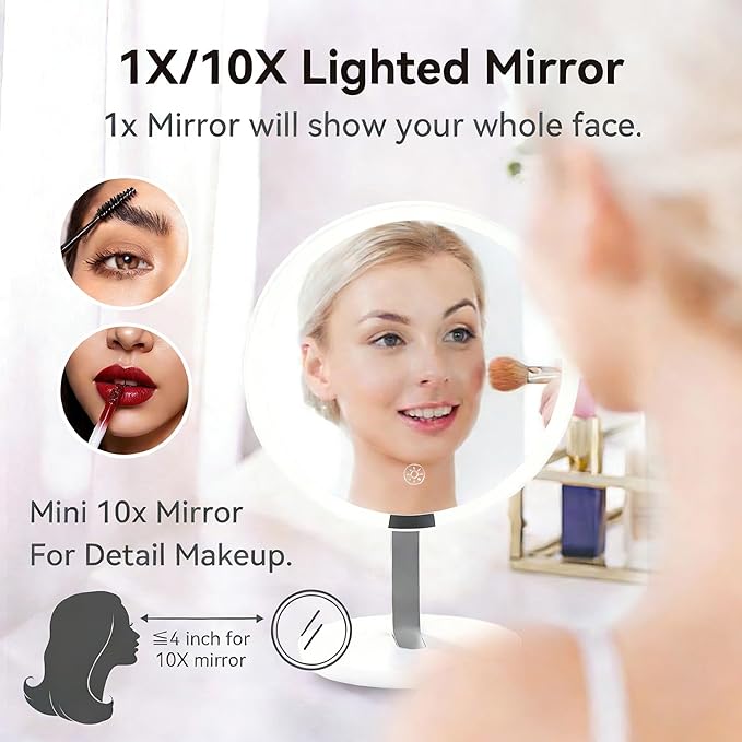 9.65-inch Lighting Makeup Mirror, 1x / 10x,Touch Control,3-Color Adjustable, Metal Stand with Super Stability,up and Down Adjustable Makeup Mirror Surface, High Color Rendering,Silver