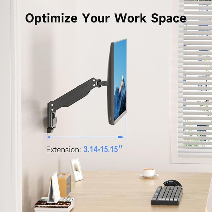 suptek Single Monitor Wall Mount for 13 to 32 Inch Screens, Gas Spring Monitor Arm Wall Mount Holds Up to 10KG/22lbs, Full Motion Adjustable,VESA Mount 75x75/100x100mm(WM18)