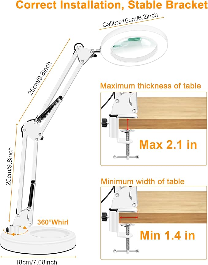 10X Magnifying Glass with Light and Stand, Magnifier with Light Hands Free, 3 Color Modes 10 Level Dimmable, Magnifying Real Glass LED Desk Lamp for Close Work, Repair, Reading, Craft, White