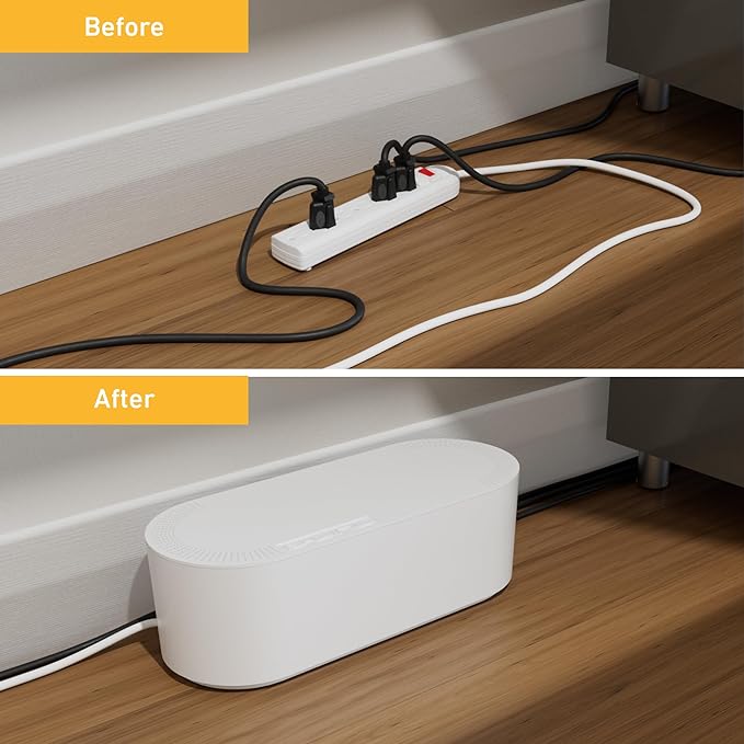D-Line Cable Management Box with 6 AC Outlet 6ft Power Strip, Hide Extension Cords and Excess Wire Clutter, 12.75in (L) x 5in (H) x 4.5in (W) - Small, White