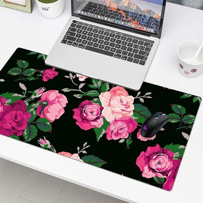 Pink Rose Desk Pad Protector, Stitched Edges Flower Mouse Pad, Large Office Mat, Non-Slip Blotter, Laptop Pad, Floral Writing Pad for Office and Home (31.5" x 15.7")