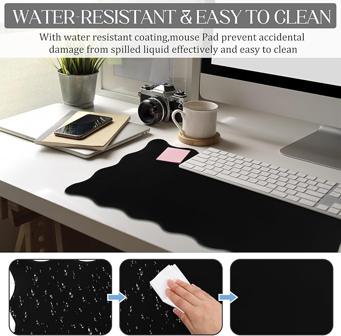Scalloped Desk Mat Large Scalloped Piping Cute Desk Mat Aesthetic Preppy Table Pad Large Nonslip Pad with Edge Stitching Waterproof Gaming(Black,23.62 x 13.78 Inches)