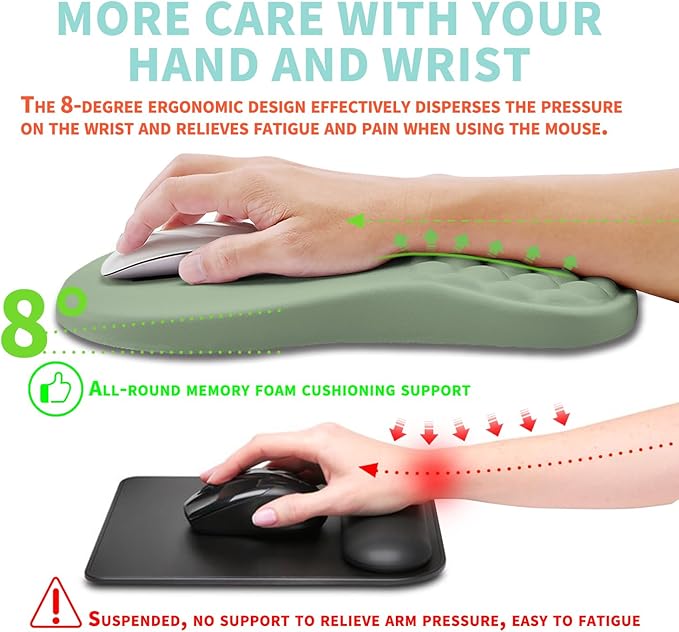 Ergonomic Mouse Pad Wrist Support with Memory Foam Massage Bulge, Carpal Tunnel Mousepad Wrist Rest for Mouse(12x8 inch, Light Green)