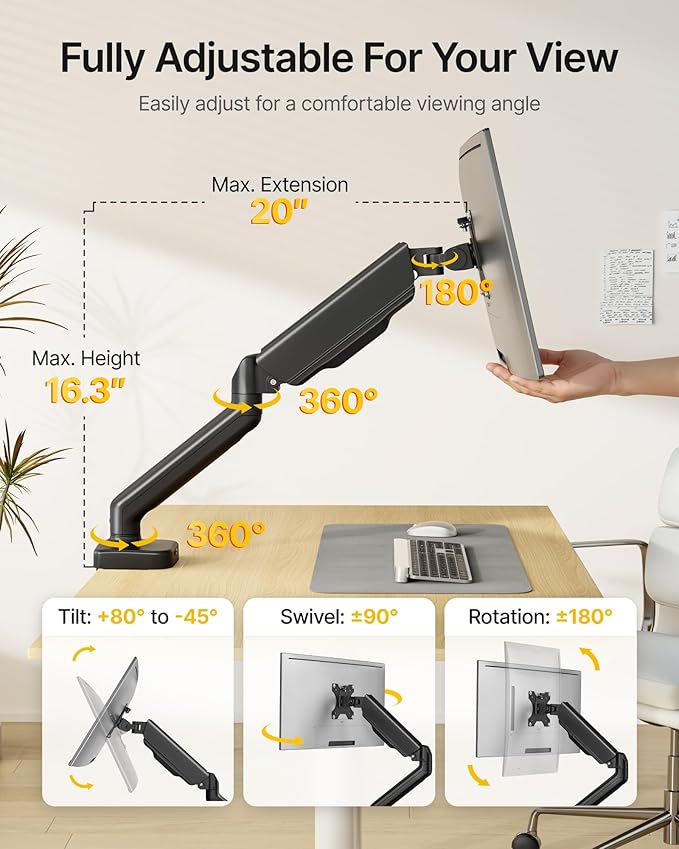 monTEK Single Monitor Arm with USB Fully Adjustable Monitor Mount Fits 17-32 inch Screens Desk Monitor Stand up to 19.8lbs with Clamp/Grommet, Cable Management, Quick Release Plate, VESA 75/100mm