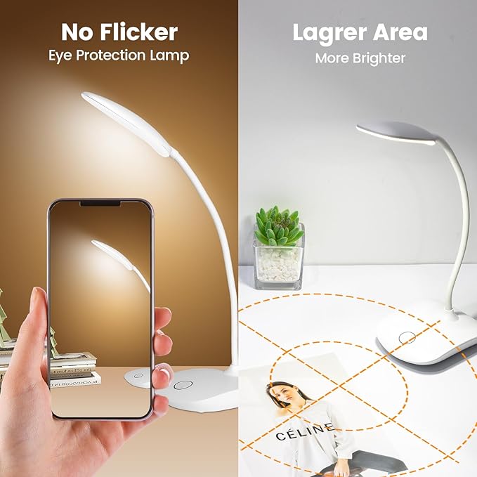 Battery Powered Desk Lamp, Portable Lamps Rechargeable 3 Color Modes Touch Control Stepless Dimming, Wireless Desk Lamp with 2000mAh, Small LED Table Light for Dorm Study Office Bedroom,2-Pack,White