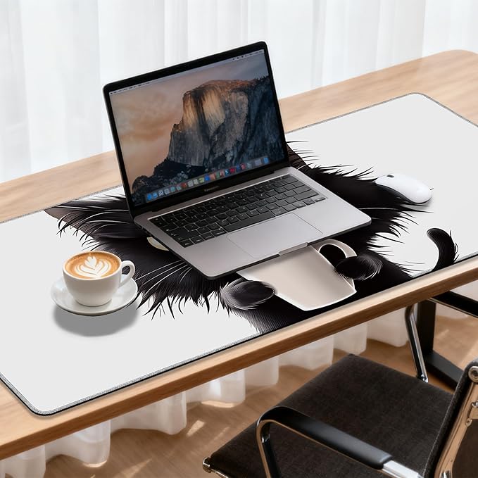 Large Mouse Pad 35.4x15.7 Inch Black Cat with Coffee Gaming Desk Mat with Non-Slip Rubber Base, Stitched Edges for Gaming,Office