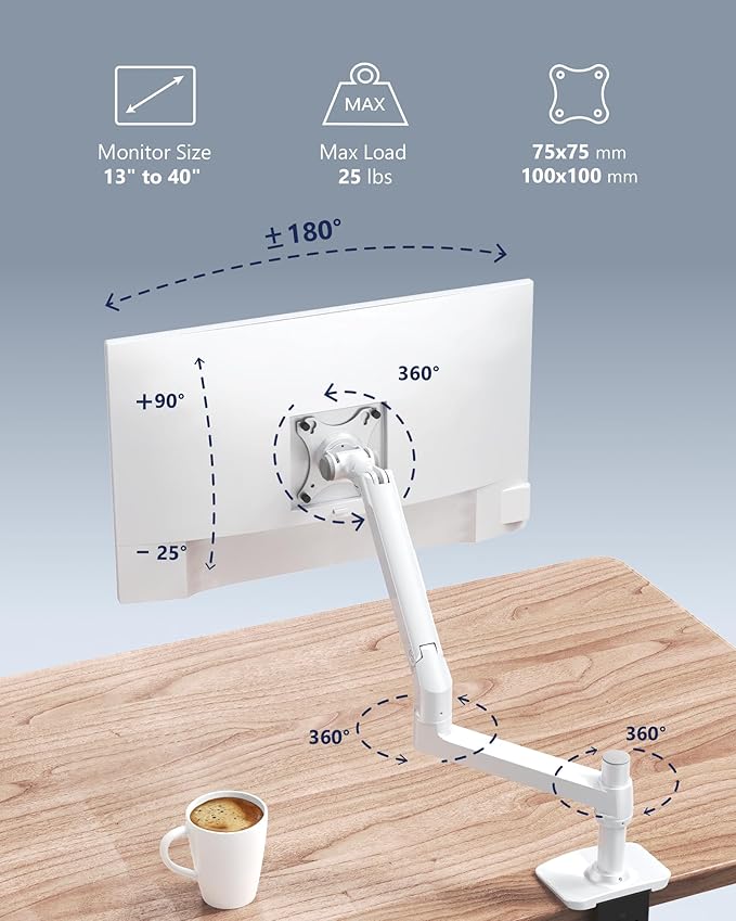 Heavy Duty Single Monitor Arm, Mechanical Spring Desk Mount for 13-40 Inch Ultrawide Screens, Holds up to 25lbs, High-Grade Aluminum VESA Mount with C-Clamp & Grommet Base, No-Droop, White