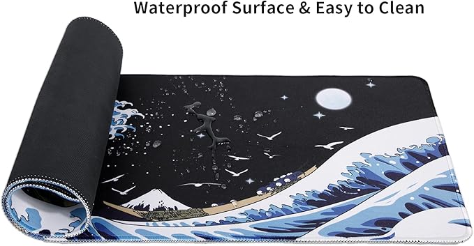 MEWOOCUE® Gaming Mouse Pad for Desk,Large Wave Mousepad Laptop,Black Japanese Anime Mouse Mat,Long XXL Waterproof Keyboard Pads,Big Non-Slip Mousepads for Game Office Home（35.4 x 15.7 in）