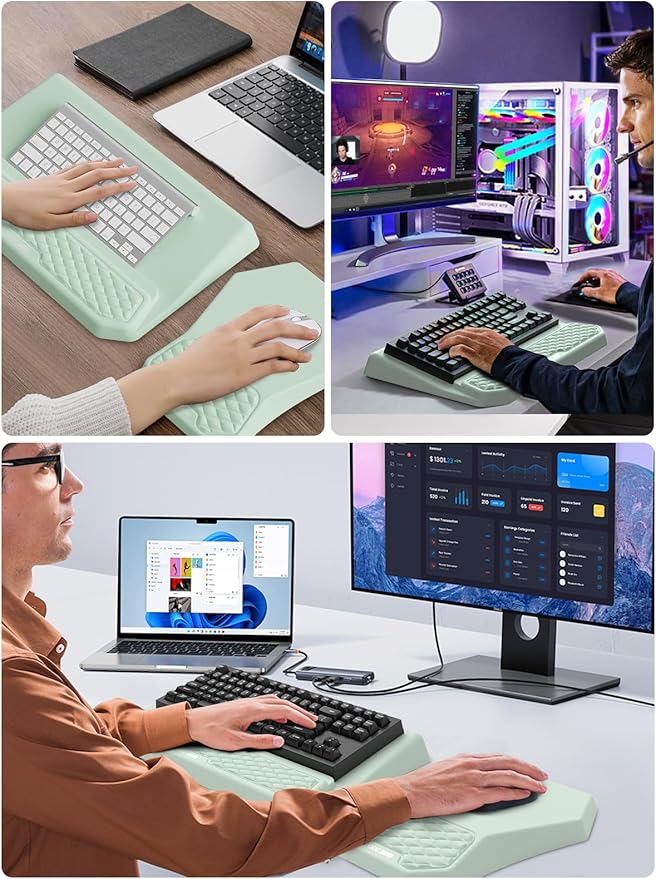 3-in-1 Ergonomic Keyboard Stand with Wrist Rest & Mouse Pad Set, Comfy Keyboard Riser Holder Soft Mousepad with Massage Design, Memory Foam and Non-Slip PU Base for Wrist Support, Light Green