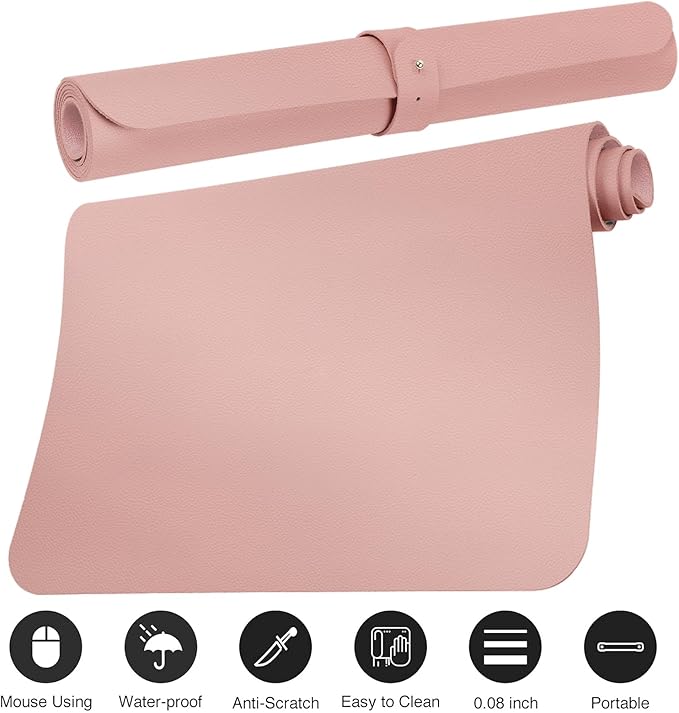 Boutilon Leather Desk Pad Protector,Non-Slip Mouse Pad,Laptop Desk Pad,Office Mouse Mat,Waterproof Leather Desk Blotter,Desk Writing Pad for Office and Home (S-Pink,24"x 14")