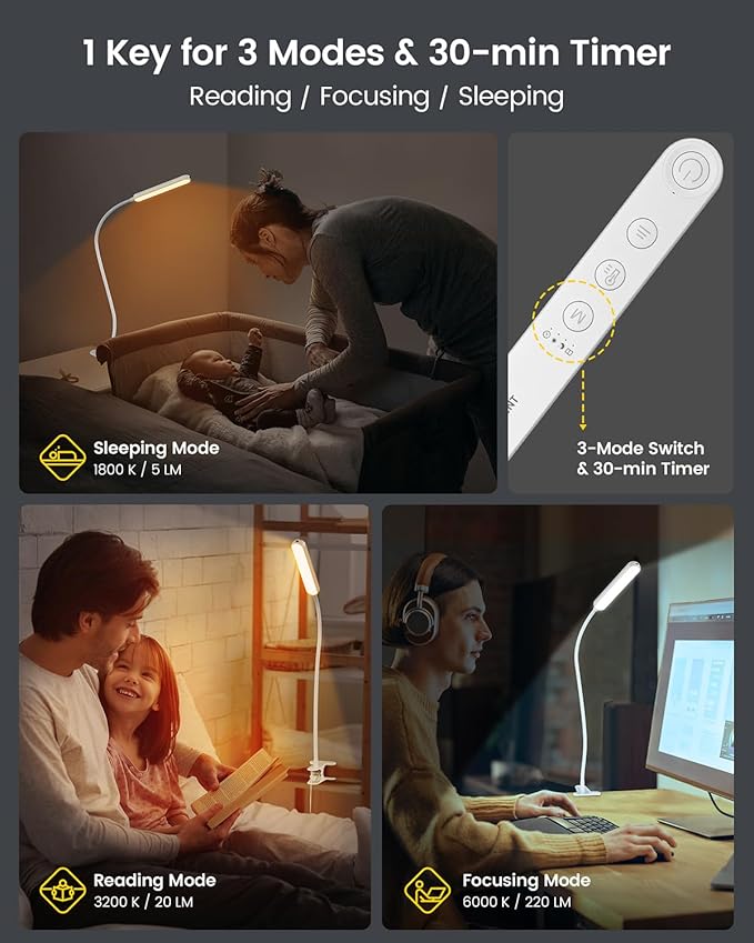 Glocusent 5W Clip On Light, 38 LED Eye Caring Book Lights for Reading at Night - 5 Color & 5 Brightness with a Remote, 30-Min Auto Off Timer, Bed Headboard Clip on Lamp for Reading/Studying/Working