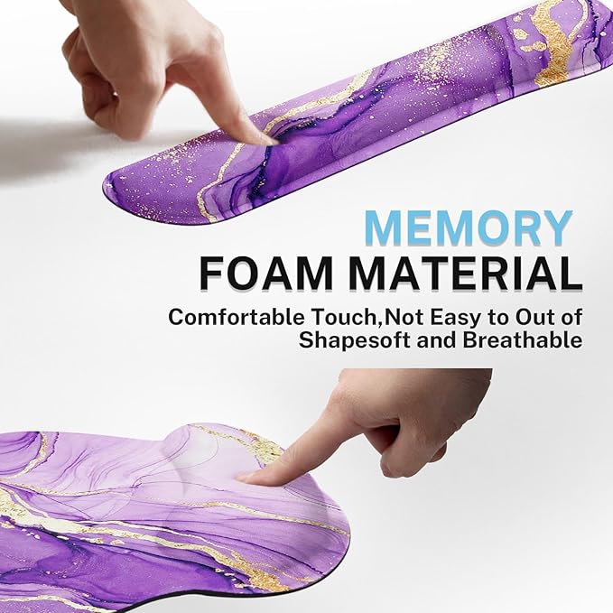 Arttown Purple Gold Marble Desk Mat Abstract Marble Mouse Pad Set 4 in 1 Ergonomic Design Large Mousepad + Keyboard Wrist Rest + Mouse Wrist Rest + Coaster Suitable for Home Office Study Game