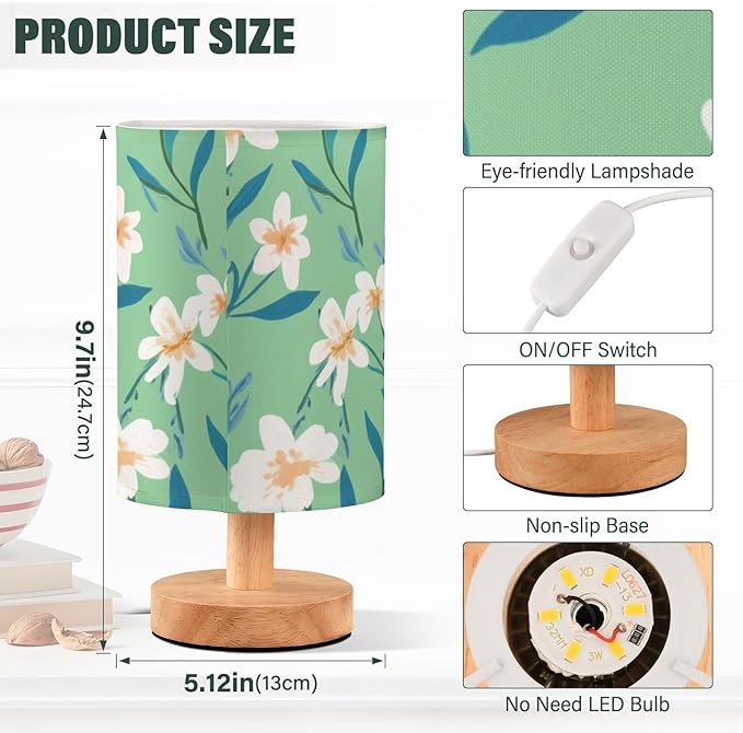 Green Floral LED Table Lamp, Bedside Lamp with Linen Lampshade, Flicker-Free Eye Care USB Plug in Nightstand Lamp, for Bedroom and Office
