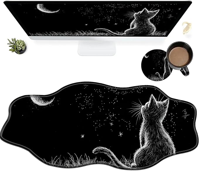 Black Cat Moon Large Gaming Mouse Pad Plus a Coaster, 35.4 x 15.7 inches Desk Mat Extended XXL Mousepad with Stitched Edge Non-Slip Rubber, Desk Pad Computer Mouse Mat for Home Office