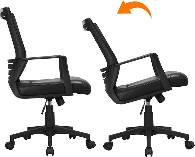 Yaheetech Mid Back Mesh Office Chair with Leather Seat Executive Office Computer Task Chair with Armrests and Lumbar Support, Black