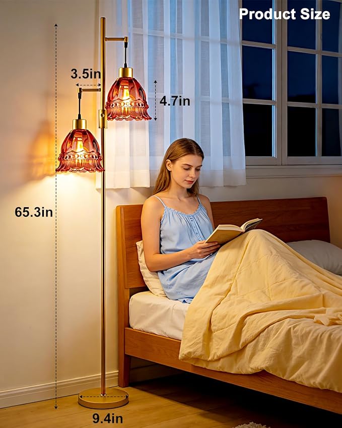 Gold Dimmable Floor Lamp for Living Room, 2-Light 65IN Tall Standing Lamps with Rose Red Glass Lampshade, 3000K Warmwhite Mid Century Modern Floor Lamp for Bedroom/Home Office/Corner