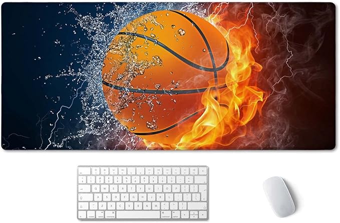 SSOIU Extended Gaming Mouse Pad (35.5x15.7 in), Basketball Ball in Fire and Water Large Non-Slip Rubber Base Mousepad with Stitched Edges, Waterproof Keyboard Mouse Mat Desk Pad for Work, Game, Office
