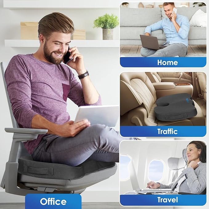 TushGuard Seat Cushion for Office Chair Memory Foam Non-Slip Cushion for Back, Coccyx & Tailbone Support, Ergonomic Butt Pillow for Office Chair, Car, Wheelchair, Grey, XX-Large