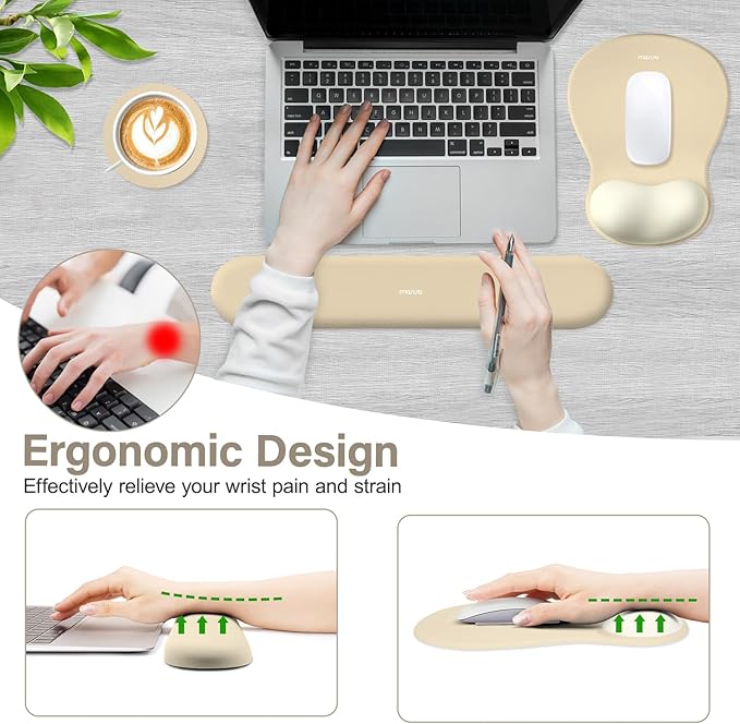 MOSISO Wrist Rest Support for Mouse Pad&Keyboard Set, Curved Ergonomic Mousepad&Coaster Non-Slip Base Home/Office Pain Relief&Easy Typing Cushion with Soft Cloth&Silicone Lining, Khaki