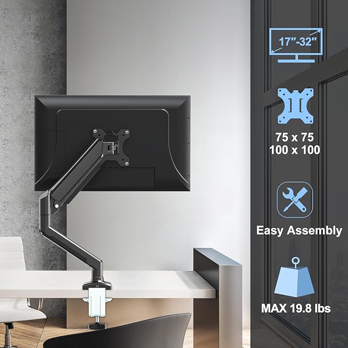 Single Monitor Mount Arm Fits up to 32 Inch, Desk Mount Holds 4.4-19.8lbs Computer Screen, Full Motion Monitor Desk Mount, VESA Mount 75x75, 100x100