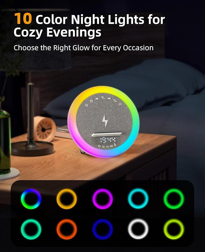 Wireless Alarm Clock, 15W Wireless Charging Station, Bluetooth Speaker Table Lamp for Bedroom Bedside, Dorm, Gifts for 13 Year Old Girls & Teenagers, White Noise Clock with Night Light