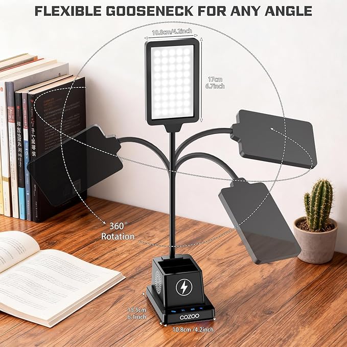 cozoo LED Desk Lamp for Home Office, 15W Bright Desk Light with Wireless Charger Pen Holder, Gooseneck Small Table Lamp for Bedroom, Study, Reading, Work, Task, Craft, College Dorm Room Accessories