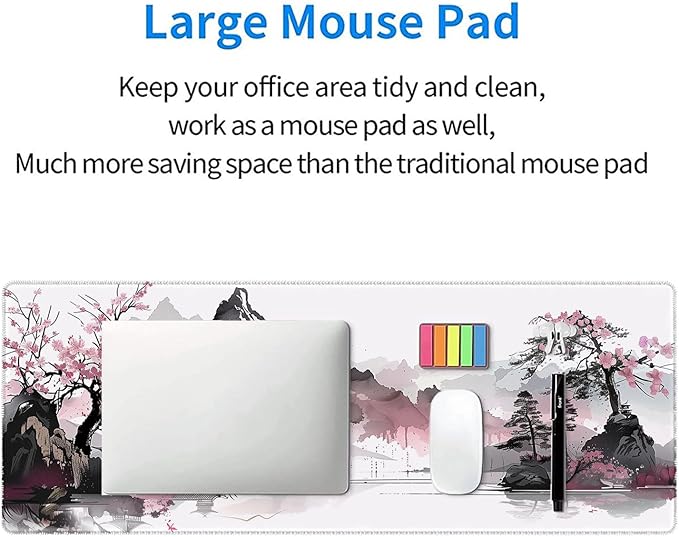 Cherry Blossom Desk Mat Gaming Mouse Pad Pink Watercolor Japanese Extended Gaming Mat with Stitched Edge Non-Slip Base Big Office Computer Keyboard Laptop Home 31.5"x11.8"