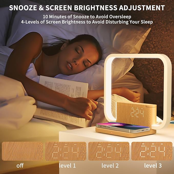 Sunrise Alarm Clock with Wireless Charging Desk Touch Lamp 3 Level Dimmable Wake-up Light Bedside Lamps for Bedroom Living Room,Sunrise Lamp with 10 Natural White Noise Sound 30/60/90 Mins countdown