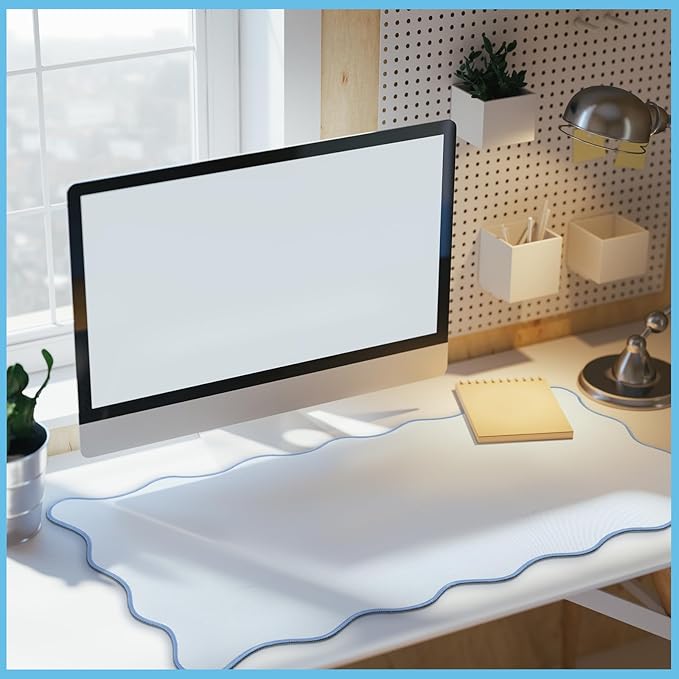 Scalloped Desk Mat Large Scalloped Piping Cute Desk Mat Aesthetic Preppy Table Pad Large Nonslip Pad with Edge Stitching Waterproof Gaming(Blue,36 x 17 Inches)
