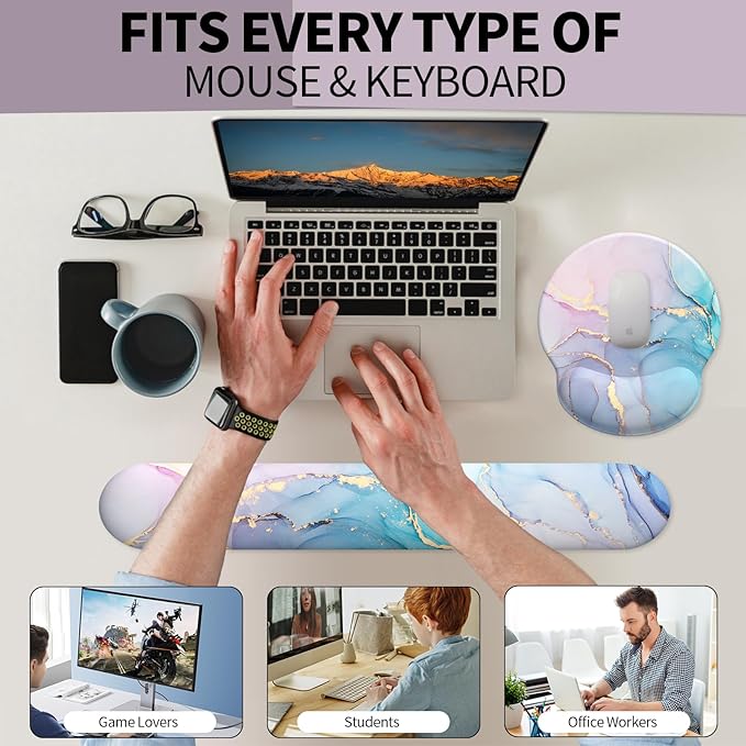 eulps Mouse Pad Wrist Support, Ergonomic Memory Foam Keyboard Wrist Pad & Gel Wrist Rest Set for Computer Keyboard for Easy Typing for Office & Home (Cyan Pink Marble)