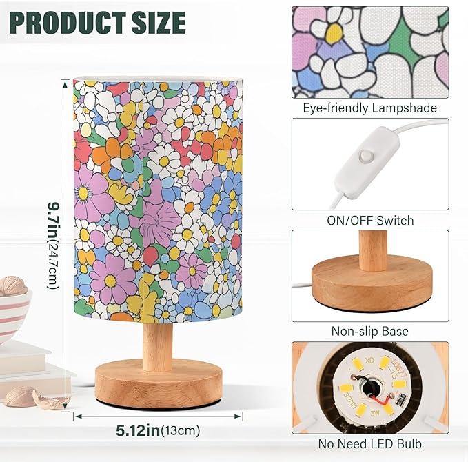 Pastel Floral LED Table Lamp, Bedside Lamp with Linen Lampshade, Flicker-Free Eye Care USB Plug in Nightstand Lamp, for Bedroom and Office