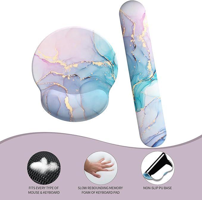 eulps Mouse Pad Wrist Support, Ergonomic Memory Foam Keyboard Wrist Pad & Gel Wrist Rest Set for Computer Keyboard for Easy Typing for Office & Home (Cyan Pink Marble)